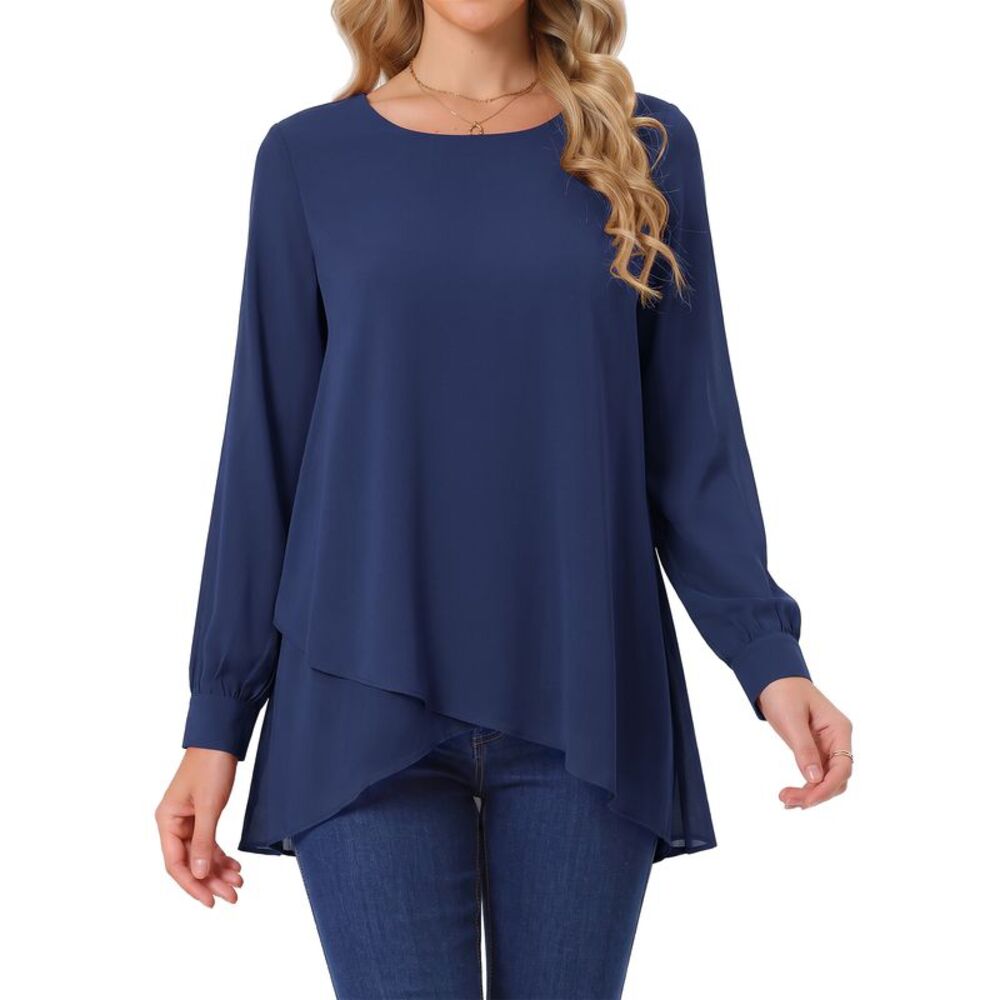 Women's High Low Tops  Asymmetrical Loose Shirt Chiffon Blouse Dark Blue